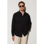 Tudors Oversize Siyah Keten Dokulu Uzun Kollu Erkek Gömlek Relaxed Fit Günlük Stil - 3XL