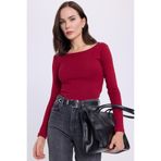 TUDORS Slim Fit Dar Kesim Uzun Kollu Kayık Yaka Koyu Bordo Bluz, S, CROP2505, Koyu Bordo, Kadın