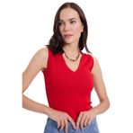 TUDORS Slim Fit Dar Kesim V Yaka Sıfır Kol Pamuklu Ribanalı Bluz, S, BYGM2558, Kırmızı, Kadın