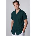 Tudors Slim Fit Kısa Kollu Dar Kesim Apaj Yaka Örme Kumaş Yazlık Petrol Erkek Gömlek