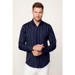Tudors Slim Fit Pamuklu Kolay Ütü Çizgili Lacivert Erkek Gömlek