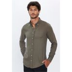TUDORS Slim Fit Uzun Kollu Düğmeli Yaka Kışlık Yün Viskon Düz Gömlek, S, DR230001-300, Haki, Erkek