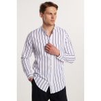 Tudors Slim Fit Uzun Kollu Hakim Yaka Pamuklu Kolay Ütü Çizgili Erkek Beyaz Gömlek - XL