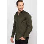 Tudors Slim Fit Uzun Kollu Likralı Düz Pamuk Saten Erkek Haki Gömlek - XL