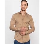 Tudors Slim Fit Uzun Kollu Likralı Düz Pamuk Saten Erkek Kahve Gömlek - Kahverengi