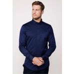 Tudors Slim Fit Uzun Kollu Likralı Düz Pamuk Saten Erkek Lacivert Gömlek