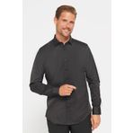 Tudors Slim Fit Uzun Kollu Likralı Düz Pamuk Saten Erkek Siyah Gömlek