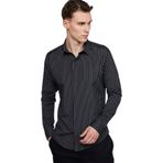 Tudors Slim Fit Uzun Kollu Pamuklu Kolay Ütü Çizgili Erkek Siyah Lacivert Gömlek - XL