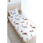 Tuğba Kuğu Tek Kişilik Lastikli Çarşaf Seti - For Baby Serisi - Balonlu Araba, Ekru, 140 X 200