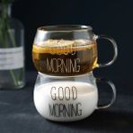Tugomer 2'li Set - Good Morning Kupa - Kulplu Borosilikat Cam Kahve Çay Fincanı - Espresso Bardağı - Şeffaf