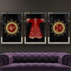 Tuğra - Kaftan - Üç Hilal Temalı Aynalı Çerçeveli 3 lü Kanvas Tablo Seti 150x70 cm SETS0022