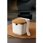 Tuğrastore Porselen Kaşıklı Bambu Kapaklı Tuz Baharat Saklama Kabı 9x9x9 cm