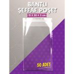 Tuğset Etiket Bantlı Şeffaf Poşet (15X30+5CM) 50 Adet Parlak Jelatin Paket Hediye Poşeti -T1555