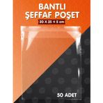 TUĞSET ETİKET Bantlı Şeffaf Poşet (20x25+5cm) 50 Adet Parlak Jelatin Paket Hediye Poşeti - T1019
