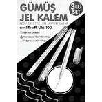 Tuğset Etiket Uni-Ball Um-100 Signo Fine Roller Kalem GÜMÜŞ 3 Adet 0.8 mm Davetiye Kalemi / Davetiye Anı Defteri Kalemi / İmza Kalemi