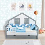 Tugu Home&baby Kadife ,pamuklu 6 Parça 90X190 cm Montessori Yatak,tek Kişilik Montessori Uyku Seti - 90 x 190 cm - Mavi - Beyaz