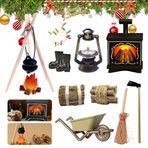 TUIBEIDAMAI Işıklı Cüce Şömine, Minyatür Cüce Aksesuarı Noel Seti, Cüce Aksesuarı Ateş Yeri, Cüce Aksesuarı Şömine, Kerosen Lambası, Çapa, Saman Yığını, Yakacak Odun, Oyuncak Bebek Evi Aksesuarları için