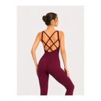 TÜKATO Kadın Bordo Renk Dar Kesim Çapraz Bant Toparlayıcı Yoga Pilates Tulumu Spor Tayt Sırt Dekolteli