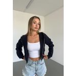 TÜKATO Kadın Siyah Renk Fitted Crop Kapşonlu Zip Fermuarlı Polar Hırka Sweatshirt LACİVERT L