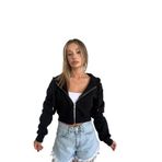 TÜKATO Kadın Siyah Renk Fitted Crop Kapşonlu Zip Fermuarlı Polar Hırka Sweatshirt SİYAH S