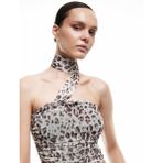 Tül Boyundan Fular Detaylı Drapeli Leopar Desenli Crop Straplez Bluz