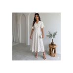 tülaybutik kadın kolları volanlı puantiyeli kloş kruvaze yaka midi boy elbise