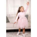 Tüllü Baskısız Düz Üst Kısım Ribana Alt Kısım Astarlı Tütü Etek Kız Çocuk Prenses Uzun Kollu Elbise - 00406 Pembe - 1,5 Yaş