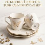Tulu Porselen 2’li Gold Kelebek Detaylı Porselen Türk Kahvesi Fincan Seti-Orjinal Hediyelik Kutulu