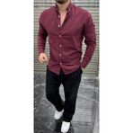 Tunahan Erkek Giyim Slimfit Kesim Erkek Cotton Kumaş Tam Kalıp Duz Desen Gömlek-Bordo