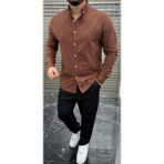 Tunahan Erkek Giyim Slimfit Kesim Erkek Cotton Kumaş Tam Kalıp Duz Desen Gömlek-Kahve