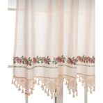 Tuncay Tekstil Buldan Işi Kırmızı Kanaviçeli El Dantelli Keten Kanaviçe Perde - Ekru - Kırık Beyaz - 220 x 150 cm