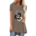 Tunik kadın kısa kollu bluz üst moda haç kalp desenli uzun tişört yazlık tişört üst parça yuvarlak yaka gömlek bluz genç kız spor tişörtü bol boş zaman bluz üst yaz tişörtleri, Kahverengi, L
