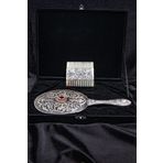 Turan Design.925 Ayar Gümüş Ayna ve Tarak seti, Hediyelik El Yapımı Kırmızı Doğal Taşlı Çiçek Desenli Orijinal Gümüş El Aynası ve Gümüş Kemik Tarak Seti