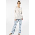 TÜREN Empirme, Yakası Düğmeli, Battal Pijama, Uzun Kollu, Büyük Anne Beden Pijama Takımı Mavi