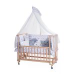 Turhan Bebe Ahşap Beşik Anne Yanı Beşik Sallanır Beşik Organik 60X120 + Yıldız Uyku Seti + Yatak + Tekerlekli - Gri