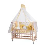 Turhan Bebe Ahşap Beşik Anne Yanı Beşik Sallanır Beşik Organik 60X120 + Yıldız Uyku Seti + Yatak + Tekerlekli - Sarı