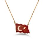 Türk Bayrağı Mineli Gümüş Kolye - Altın