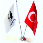 Türk Bayrağı ve Atatürk İmza İkili Masa Bayrak Takımı