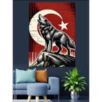 Türk Bayrağı ve Kurt Dekoratif Kanvas - Mdf Ahşap Tablo - 100 X 140 Cm