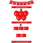 Türk Bayraklı Balon 5 Adet + Çubuklu Bayrak 5 Adet + 1 Paket Ipli Bayrak - Kırmızı - küçük - bayrak balon