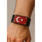 Türk Bayraklı Siyah Kırmızı Deri Bileklik | 3 Çıtçıtlı Unisex Tasarım – Hakiki Deri Modern Stil