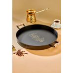 Turkco Dekoratif Metal Tepsi, Ahşap Kulp, Özel Desenli ve Mat Boya, 37cm