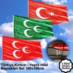 Türkiye, Kırmızı, Yeşil 3 Hilal Raşel Bayrak Set -100x150 cm Hediye Sticker