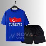 Türkiye Milli Takım Baskılı Futbol Forma Siyah Tişört Kadın Erkek Unisex T-Shirt Şort Takımı - XL - Mavi
