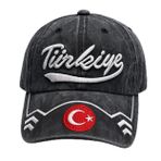 Türkiye Yazılı Türk Bayraklı Yıkamalı Vintage Retro Pamuklu Spor Beyzbol Şapka (SiyahTr)