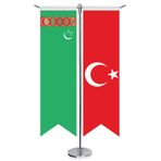 Türkmenistan Cumhuriyeti Bayrağı ve Türkiye - Kırlangıç - Saten T direk 2li Masa Bayrağı