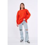 Turuncu Kadın Pamuklu Oversize Basic Bisiklet Yaka Sweatshirt