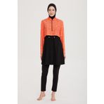 Turuncu Renk Detay Remsa Önü Kapaklı Tam Kapalı Tesettür Mayo R116 Sahil (Siyah, L)