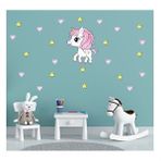 Tusador T0343 ST Tilki Dünyası Minik Unicorn Pembe Kalpler ve Sarı Yıldızlar Çocuk Odası Sticker