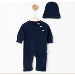 Tütü Baby Kids Reglan Alttan Çıtçıtlı , Yakası Ahşap Düğme Detaylı Tulum - Lacivert - 0- 3 Ay